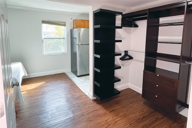 interior space featuring crown molding, baseboards, wood finished floors, and freestanding refrigerator