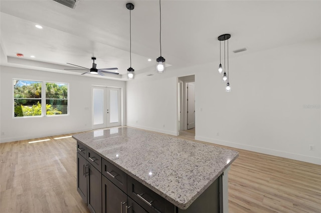 kitchen with baseboards, open floor plan, a tray ceiling, french doors, and light wood-style floors