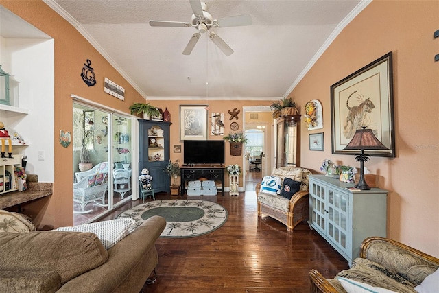 living room with crown molding, ceiling fan, and hardwood / wood-style floors