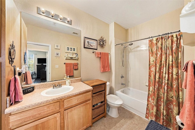 full bath featuring visible vents, toilet, shower / tub combo with curtain, tile patterned flooring, and vanity