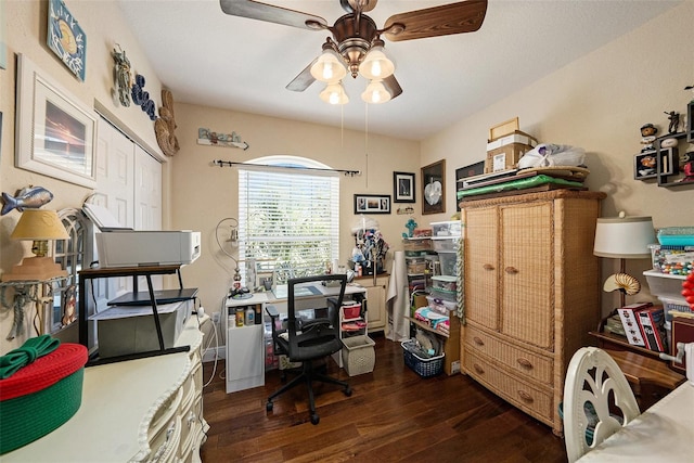 office area with ceiling fan and dark wood-type flooring