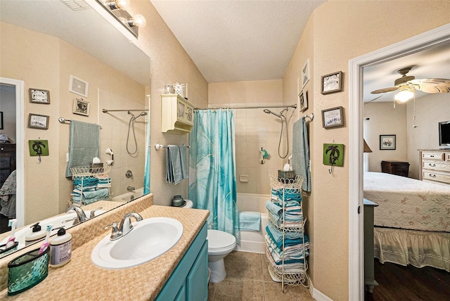 ensuite bathroom with toilet, shower / tub combo, vanity, ensuite bath, and a textured ceiling