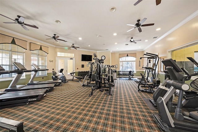 workout area featuring ornamental molding, carpet, visible vents, and recessed lighting