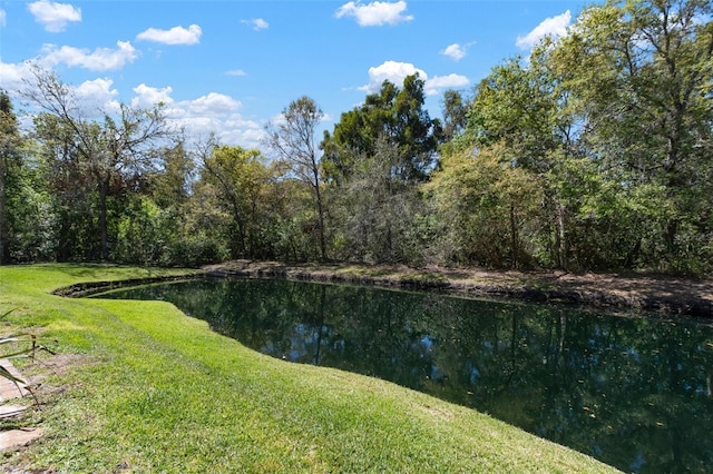 view of water feature with a forest view