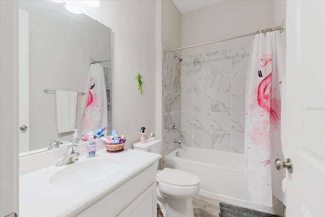 bathroom featuring toilet, vanity, and shower / bath combination with curtain