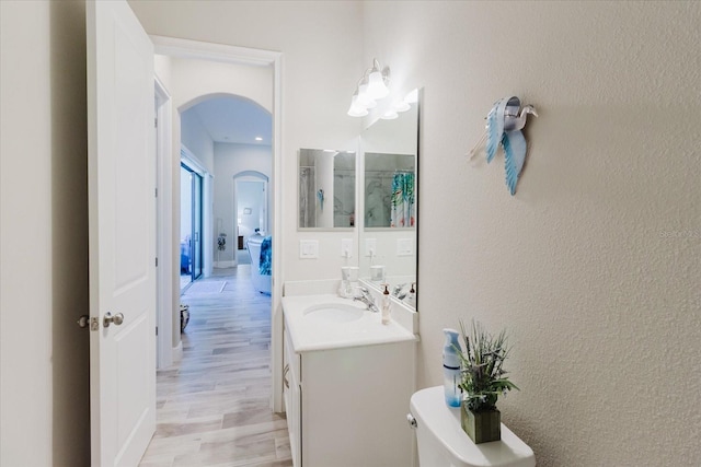 bathroom featuring toilet, wood finished floors, vanity, and a textured wall