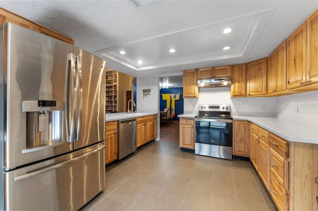 kitchen featuring appliances with stainless steel finishes, a tray ceiling, light countertops, under cabinet range hood, and recessed lighting