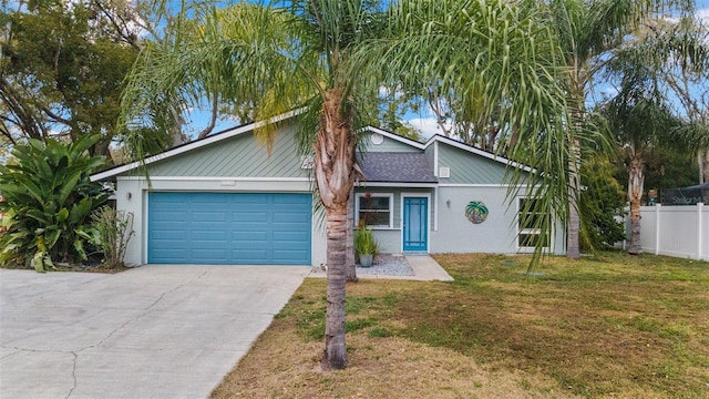 mid-century home with stucco siding, a front yard, fence, a garage, and driveway