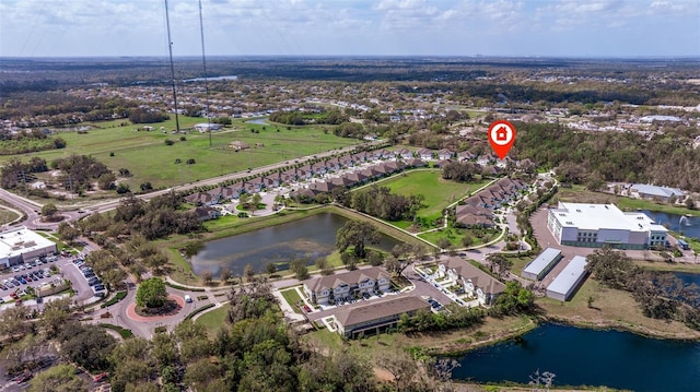 drone / aerial view featuring a water view