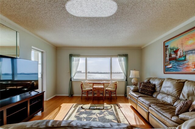 living area featuring baseboards, a textured ceiling, ornamental molding, and wood finished floors