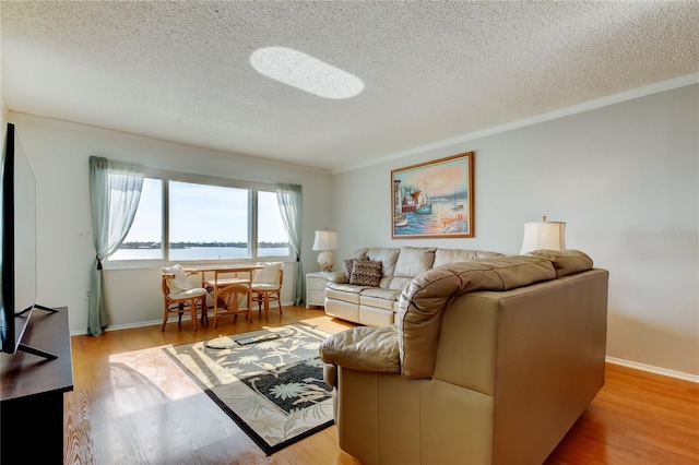 living area with a water view, crown molding, a textured ceiling, and light wood finished floors