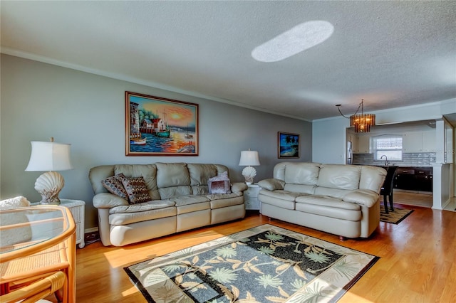 living room featuring crown molding, a textured ceiling, an inviting chandelier, and wood finished floors