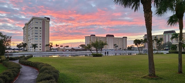 view of community with a water view and a lawn