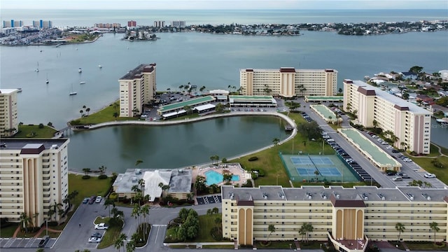 aerial view featuring a water view and a view of city