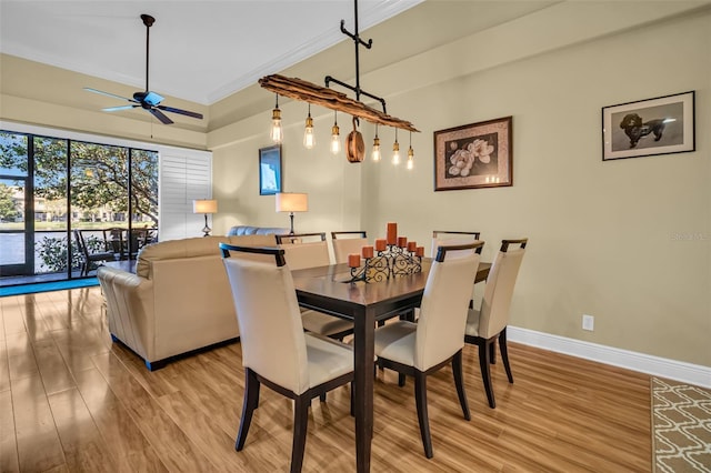 dining area featuring ceiling fan, light wood finished floors, crown molding, and baseboards