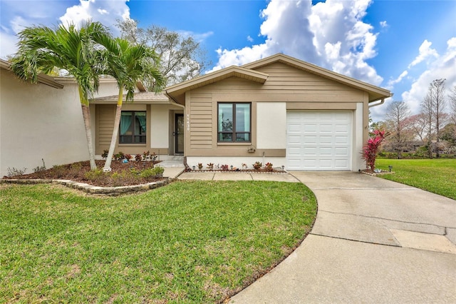 ranch-style home with driveway, a front lawn, an attached garage, and stucco siding