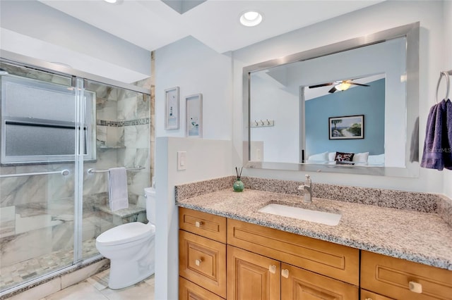 11430 94th St, Largo, FL 33773 - full bathroom featuring ceiling fan, toilet, recessed lighting, vanity, and a stall shower