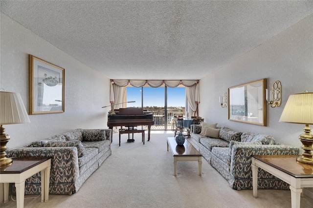 living room with a textured ceiling, a textured wall, and carpet flooring