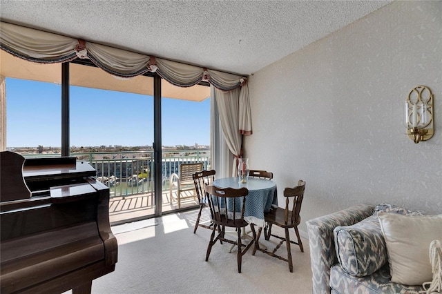 carpeted dining room featuring expansive windows, a water view, a textured wall, and a textured ceiling