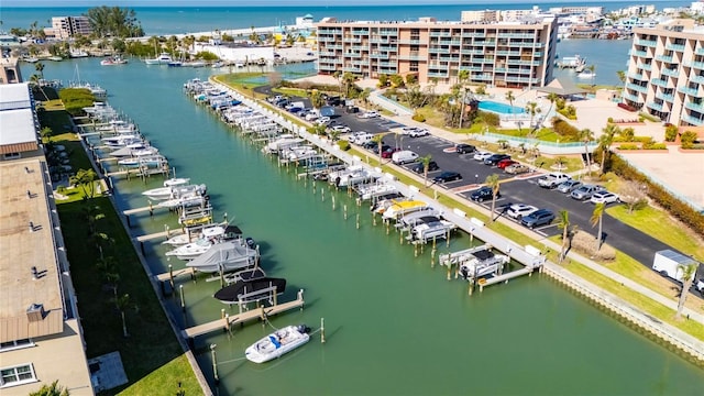 bird's eye view with a water view