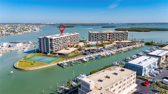 drone / aerial view featuring a water view