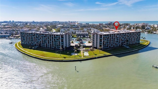 bird's eye view featuring a view of city and a water view