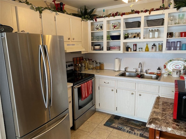 kitchen featuring open shelves, stainless steel appliances, light countertops, a sink, and under cabinet range hood