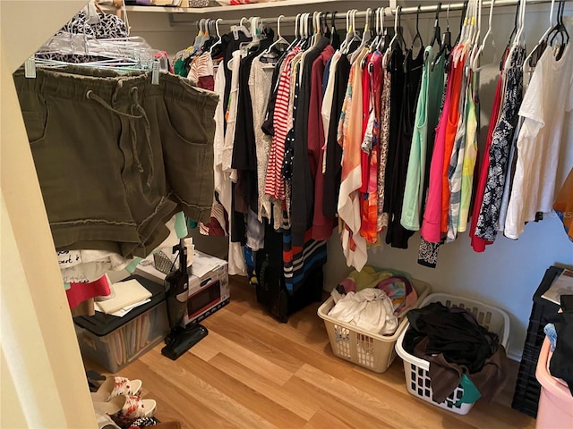 walk in closet with wood finished floors