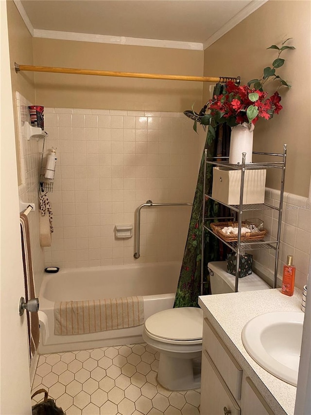 bathroom featuring shower / tub combo with curtain, tile walls, toilet, ornamental molding, and vanity