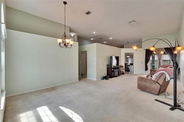 living room with carpet flooring, visible vents, baseboards, and an inviting chandelier