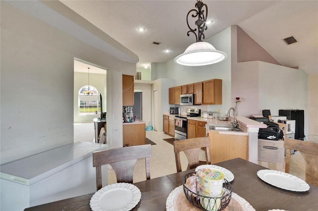 dining room featuring light floors, high vaulted ceiling, visible vents, and recessed lighting