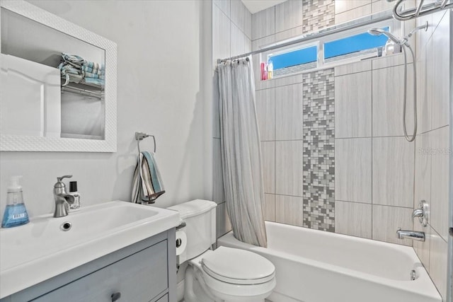 full bath with shower / bathtub combination with curtain, toilet, and vanity