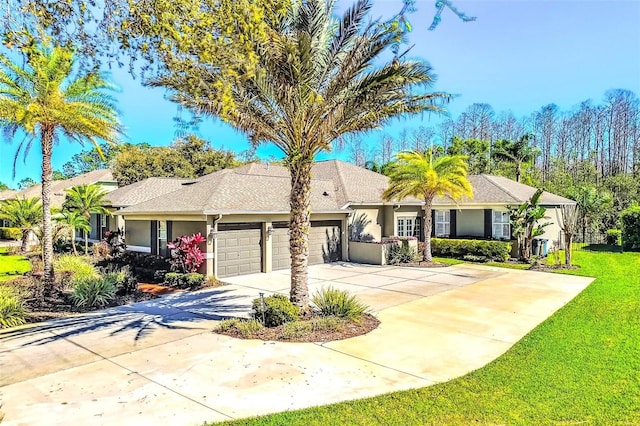 single story home with a garage, a front lawn, concrete driveway, and stucco siding