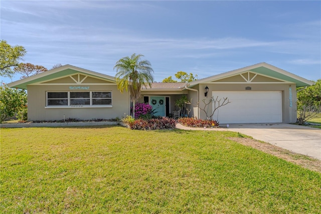 ranch-style house featuring stucco siding, a front lawn, concrete driveway, and a garage