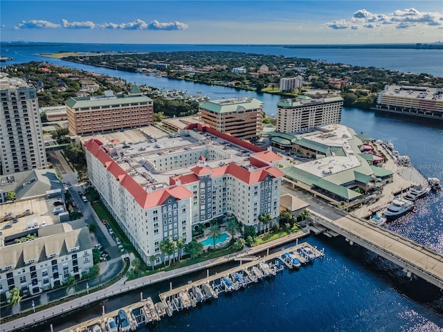 drone / aerial view with a water view and a view of city