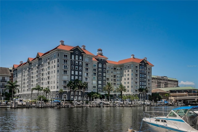 view of building exterior featuring a water view