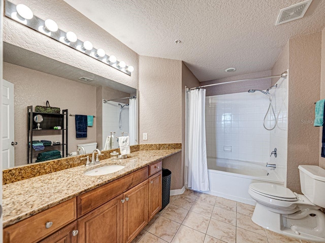 full bath featuring toilet, a textured ceiling, tile patterned flooring, visible vents, and a textured wall