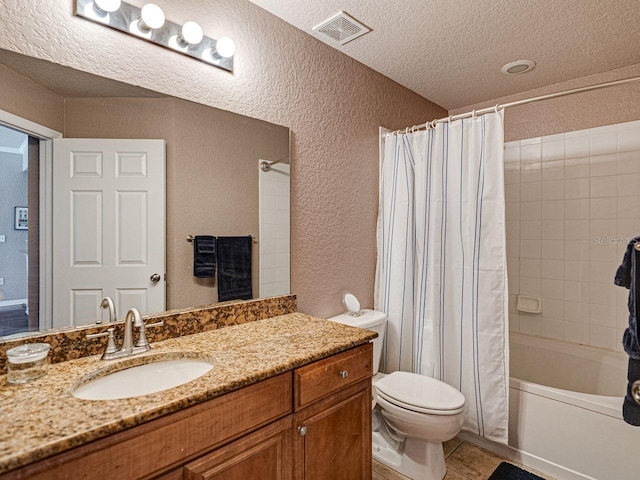 bathroom with a textured ceiling, visible vents, shower / bathtub combination with curtain, toilet, and a textured wall
