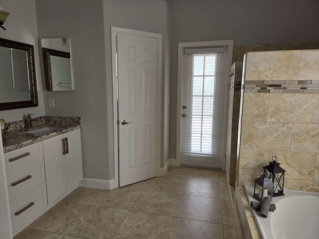 bathroom with tiled shower, tiled bath, vanity, and tile patterned floors