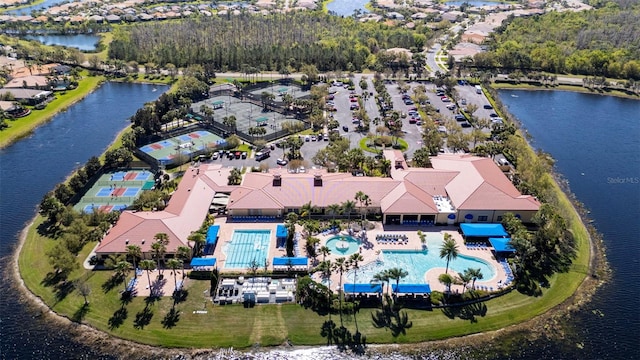 aerial view featuring a water view