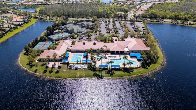 drone / aerial view featuring a water view