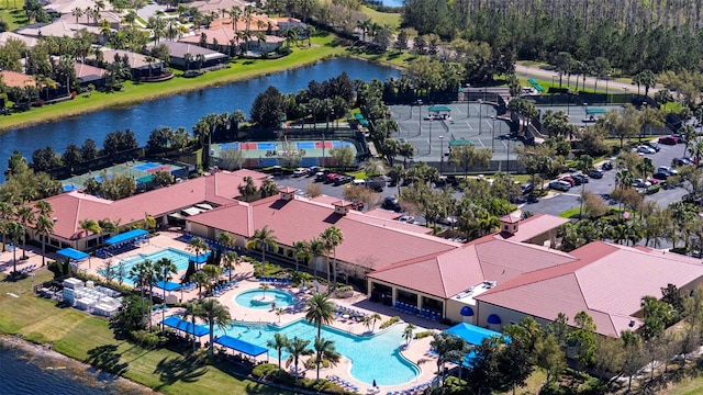 drone / aerial view featuring a water view