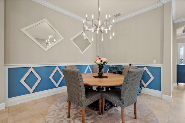 dining room featuring visible vents, a notable chandelier, ornamental molding, and light tile patterned flooring