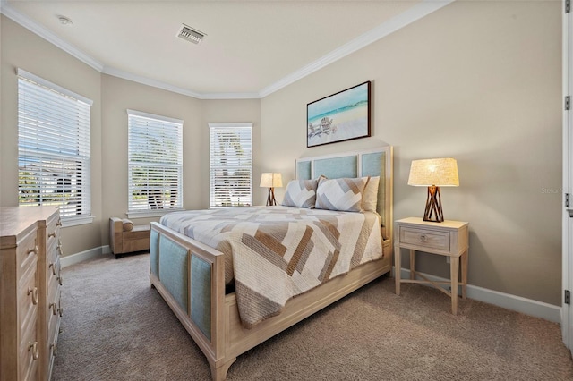 bedroom featuring light carpet, visible vents, and ornamental molding