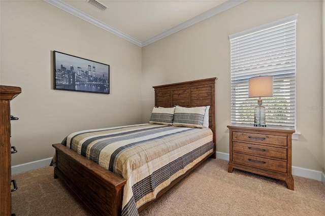 bedroom featuring visible vents, baseboards, light colored carpet, and ornamental molding