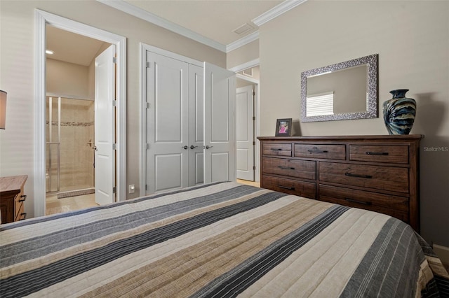 bedroom with a closet, visible vents, connected bathroom, and crown molding