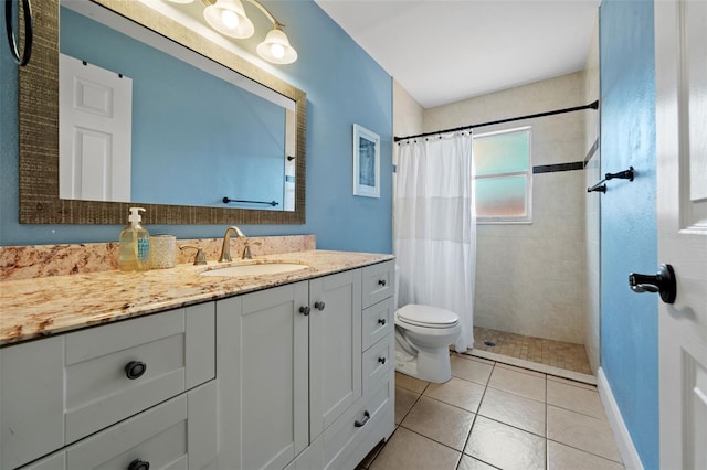 bathroom featuring tile patterned floors, tiled shower, toilet, and vanity