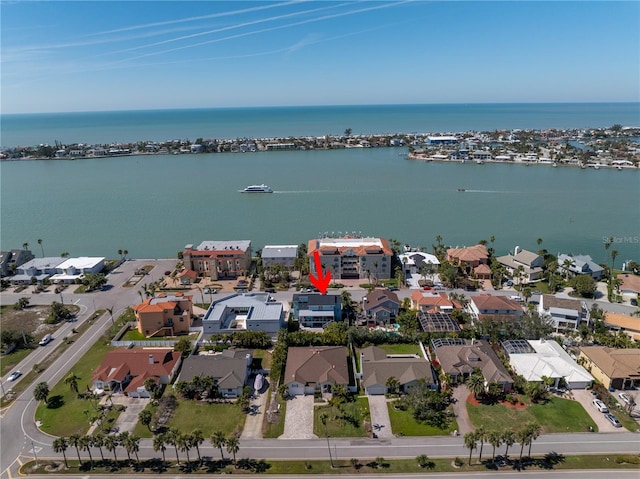 aerial view featuring a residential view and a water view