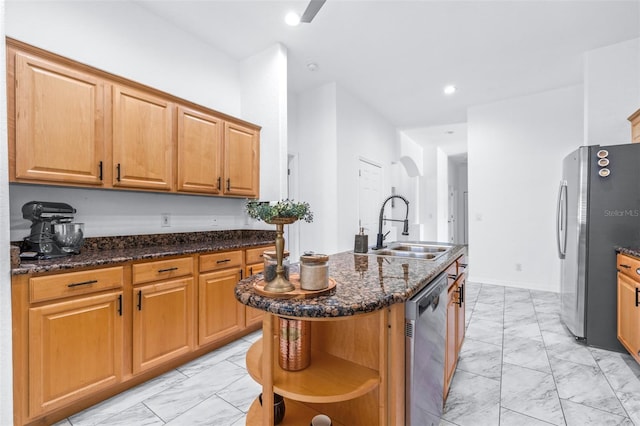 kitchen featuring stainless steel appliances, marble finish floor, a sink, and open shelves