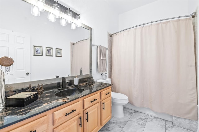 full bath featuring toilet, marble finish floor, shower / tub combo with curtain, and vanity